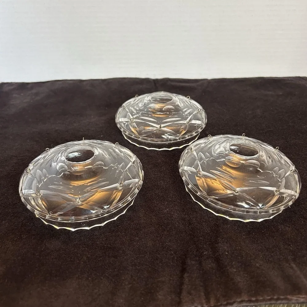 3 Cut Crystal Chandelier Bobeche Drip Pans 8 Prism Loops Replacement Vtg Antique